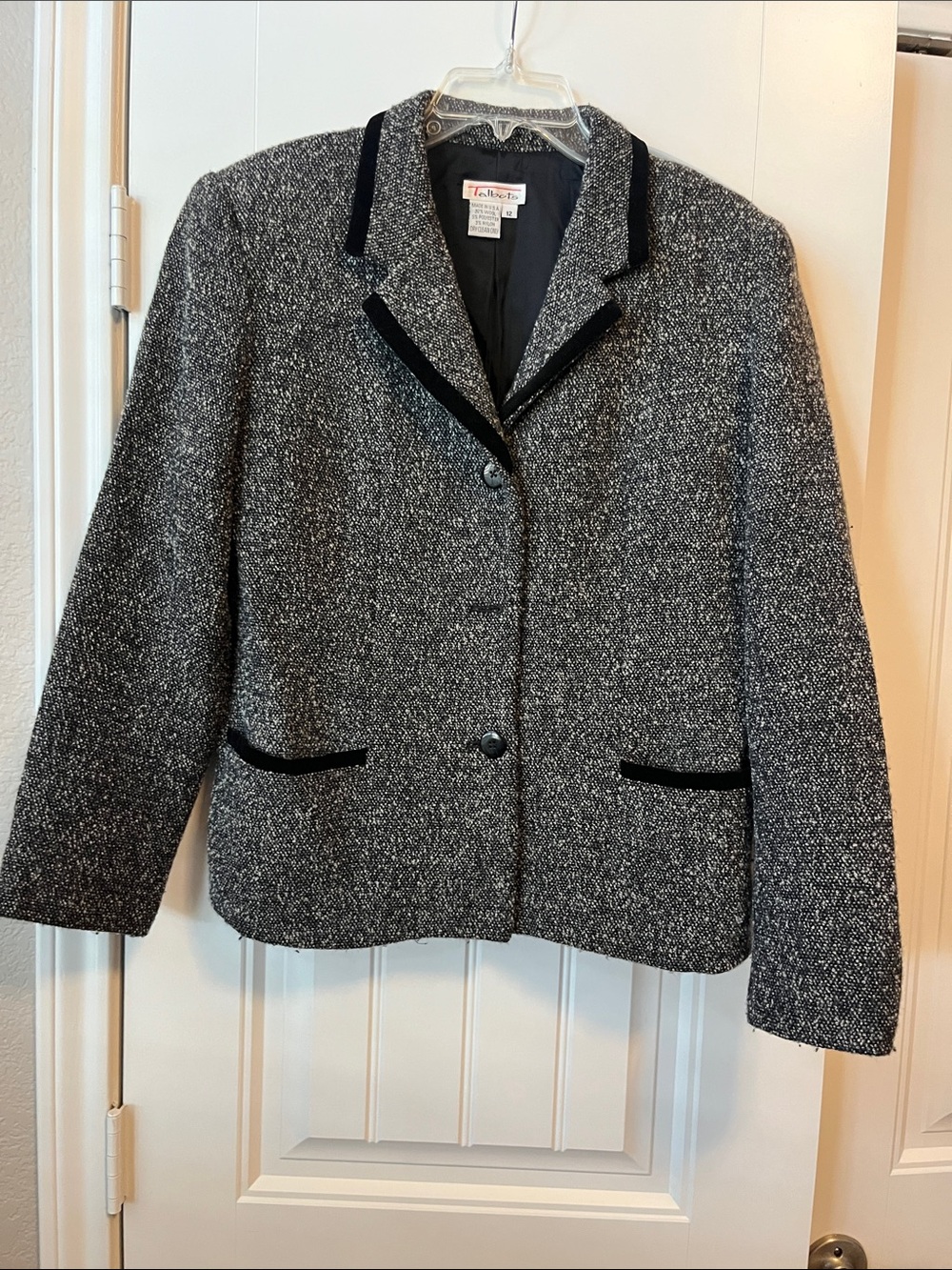 Talbots Black and White Tweed Velvet-Trim Blazer